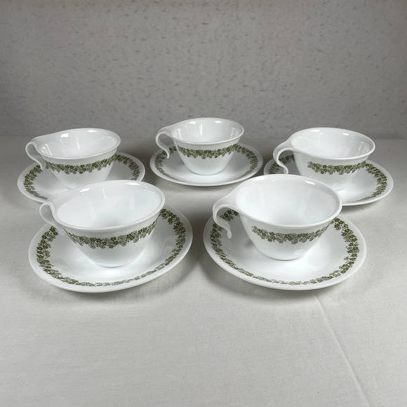 Corelle Lot of 5 Cups & Saucers Spring Blossom Green Crazy Daisy Coffee Tea Set - Picture 1 of 6